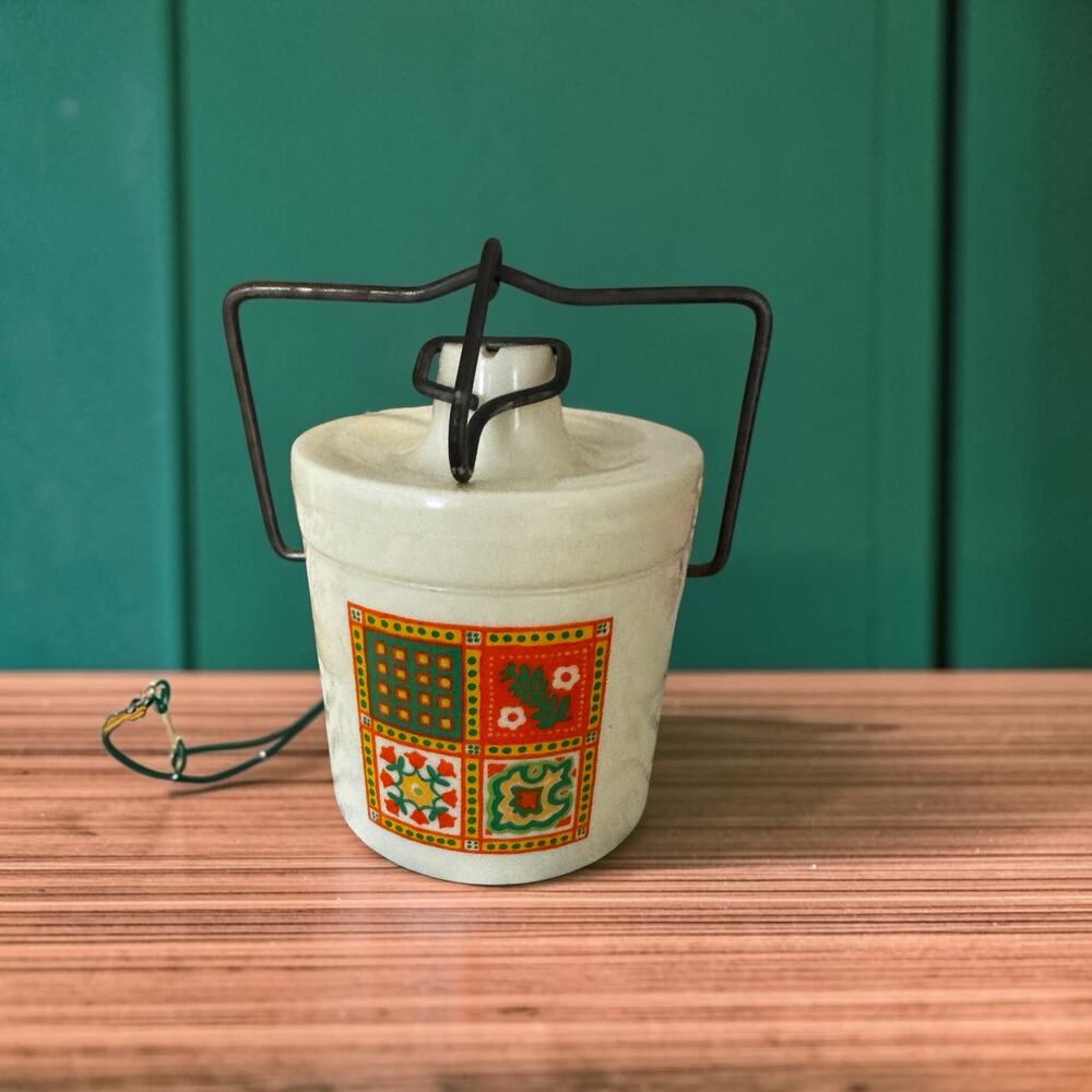 Vintage 1970s Plastic Cheese Crock Canister Wire Bail Lid Retro Tile Decal